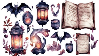 Watercolor Illustration of Halloween Objects with Bats, Lanterns, and Books