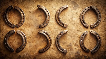 A collection of six rustic horseshoe charms arranged in pairs, showcasing their worn and weathered surfaces, reflecting the passage of time and a life well lived.
