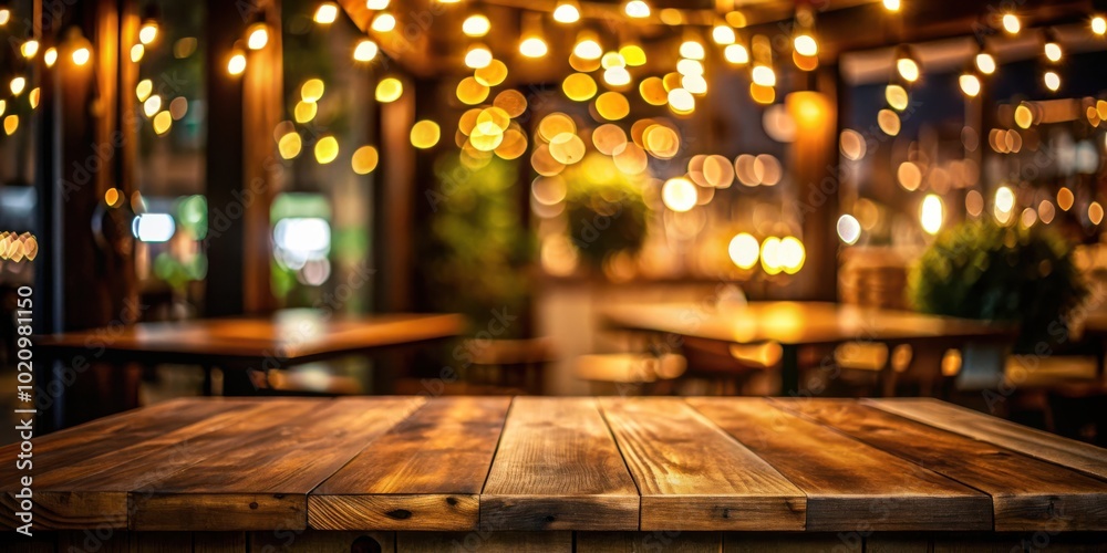 Poster A close-up of a wooden tabletop with blurred background of string lights illuminating a cozy cafe setting