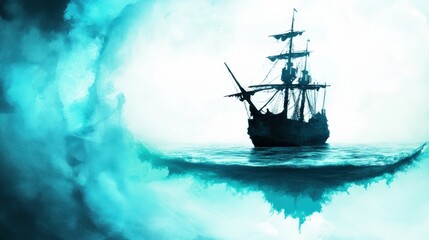 Fototapeta premium Ghostly Pirate Ship Sailing Through Misty Waves of the Open Sea