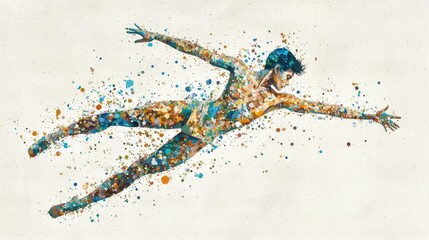 Fototapeta premium Fluid Grace: Gymnast Balancing on Beam in Watercolor Style with Focused Expression and Elegant Movements