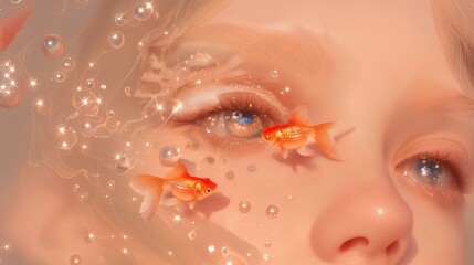 A beautiful model underwater with long white lashes and golden fish hair