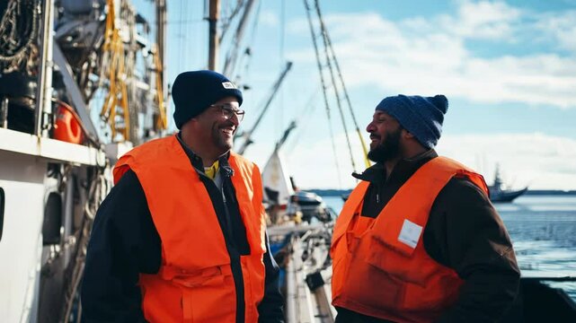 Two commercial/industrial fishermen standing on a boat, wearing orange vests with high visibility elements. Workers engaged in a lively conversation at their workplace, a fishing vessel port.