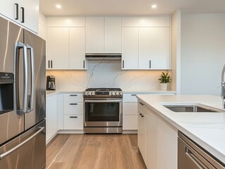 Modern kitchen with white cabinets and stainless steel appliances.