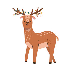 Cute deer character with garland on branched bony antlers, isolated creature with fur on skin. Vector stag mammal with smooth furry coat and horns. Christmas holidays greeting card decoration element