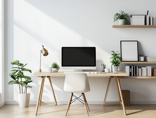 Minimalist home office with wooden desk and chair.