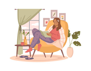 Woman in warm clothes rest on armchair with book near big window. Vector girl has rest in armchair, cup of coffee or tea on table. Cartoon character in blanket and socks, lady reads novel