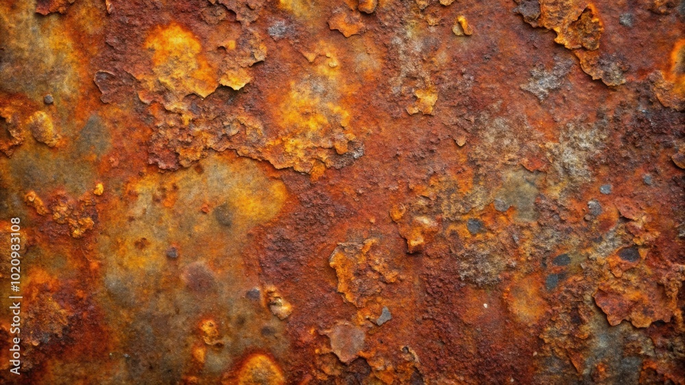 Poster A close-up view of a metal surface heavily corroded with rust, showing the intricate patterns and textures created by oxidation