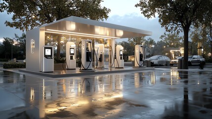 Hydrogen fuel cell station, modern infrastructure for clean energy, 3D illustration