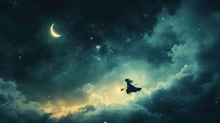 A captivating scene depicting a witch flying through a dark, atmospheric sky filled with clouds and a crescent moon, perfect for Halloween-themed projects.