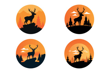 deer silhouette in sunset forest scenery with mountain background and trees