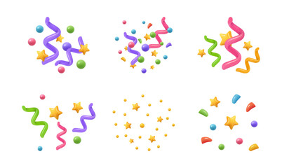 Party confetti for celebration of holiday. Vector isolated 3d icon, flying colorful stripes, airballs and balloons, stars and accessories for holiday, festival or carnival. Popper for anniversary © Sensvector