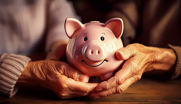 Extreme close-up of the wrinkled hands of an elderly couple holding a smiling pink piggy bank on a wooden table, elderly couple who together commit to saving for their future retirement. Generative Ai