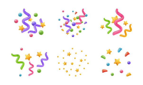 Party confetti for celebration of holiday. Vector isolated 3d icon, flying colorful stripes, airballs and balloons, stars and accessories for holiday, festival or carnival. Popper for anniversary