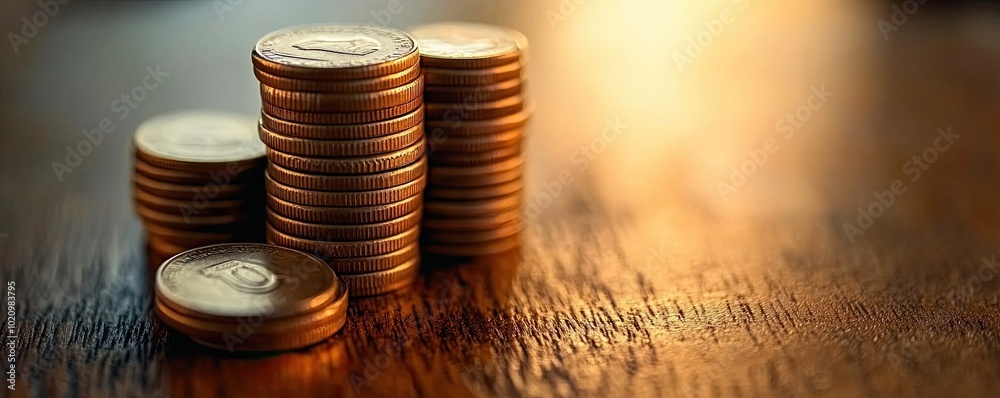 Wall mural stack of coins on a table. money and business concept. background, banner, wallpaper.