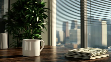 Dynamic 3D Financial Planning Illustration in Modern Office Setting Showing Income, Expenses, and Savings