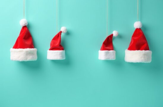 Horizontal photo of four red Santa hats hanging on strings against a turquoise background. Concept: Christmas decoration, festive holiday decor, minimal holiday design, winter celebration, holiday orn