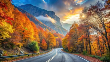 A winding asphalt road meanders through a vibrant autumn forest, with the golden glow of the setting sun casting long shadows on the colorful foliage, highlighting the majestic mountain backdrop.