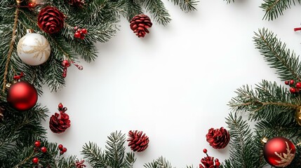 Fototapeta premium Christmas pine branches with pinecones and red ornaments, holiday frame with copy space.