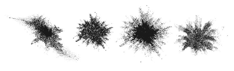 Spray grunge powder dots, paint or brush stroke with burst or explosion effect. Vector isolated splashing texture with grains and noise. Sand or dirt, stipple brushed shapes, rounded forms