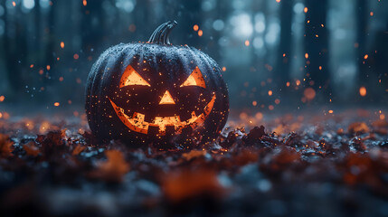Fototapeta premium Halloween Jack-O-Lantern With Sparks and Leaves - 3D Illustration
