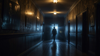 Mysterious Figure Walking in Dimly Lit Hallway