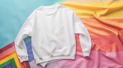 White Crew Neck Sweatshirt Mockup on Rainbow Fabric Background
