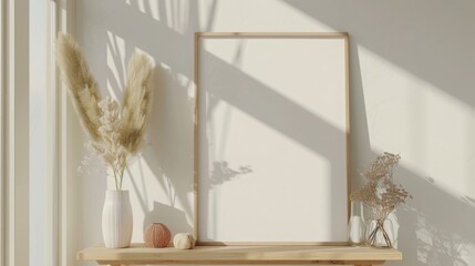 Minimalist Home Decor Mockup with Blank Frame Pampas Grass and Wooden Shelf