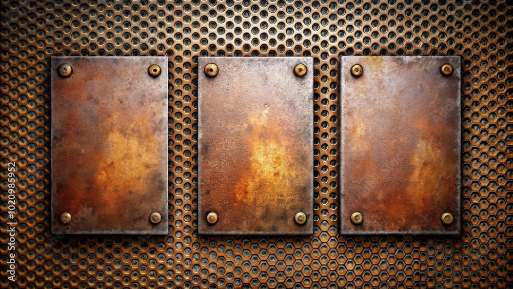 Aufkleber Three Rusty Metal Plates on a Hexagonal Pattern Background