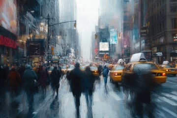 City street scene with people and yellow cabs.