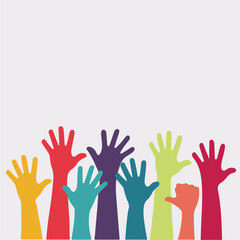 Obraz premium Set of people raised hands, open hands up of different types colors, diversity people multiethnic race and community concept, Teamwork, collaboration, voting, volunteering concert, protest.Flat style 