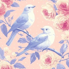 Fototapeta premium Adorable, pastel pattern, seamless with birds and English roses