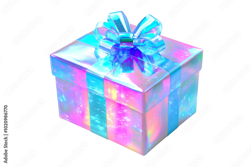 Poster iridescent gift box: a captivating iridescent gift box adorned with a vibrant blue bow, perfect for 