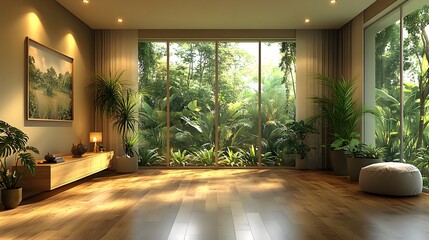 Fototapeta premium Modern minimalist living room featuring natural wood furniture, neutral decor, and large windows