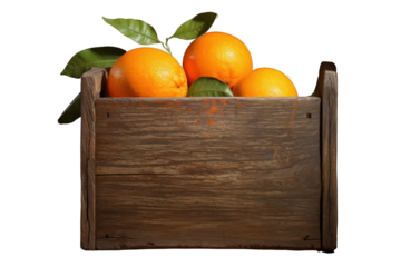 A single ripe orange placed in a rustic wooden box, with the box featuring a natural, unpolished finish. The orange is centered and the background