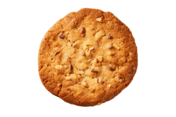 A single, rustic crunchy cookie with a textured surface and a scattering of nuts placed centrally on a clean white backdrop