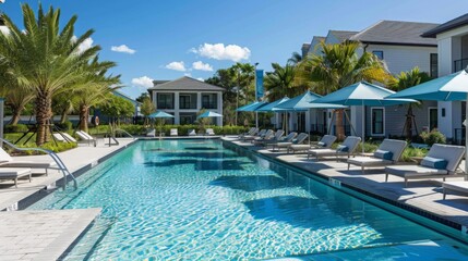 Resort Pool With Loungers And Palm Trees