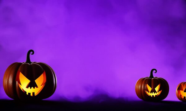 Happy halloween banner or party invitation background with violet fog clouds, ghost and pumpkins