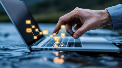 Hand Touching Laptop in Water with Digital Icons