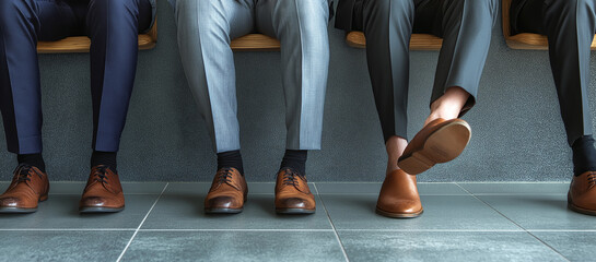 A row of men's shoes in formal business attire represents a readiness for opportunities and workplace precision.