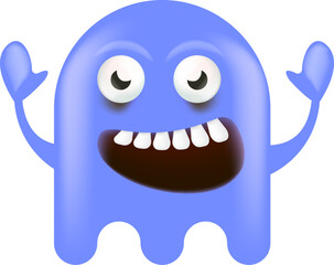 Funny very cute smiling violet ghost monster isolated on white background. Comic Funky violet Ghost cartoon character and cute emoji. Halloween spirit element.
