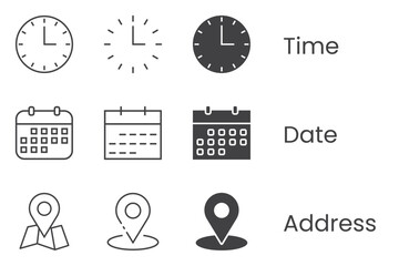 Time, Date and Address Icon Set. Clock, Map location Pin, and Calendar Symbols. Editable Line and Flat Web Icons. Vector illustration.