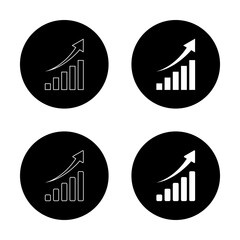 Statistics icon set on black circle. Increase bar graph concept
