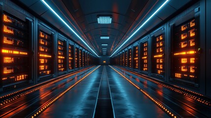 Fototapeta premium A futuristic data center with illuminated server racks.