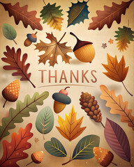 Thanks postcard. Thanksgiving day poster. Festive background with fall foliage and acorns. Vertical holiday poster.
