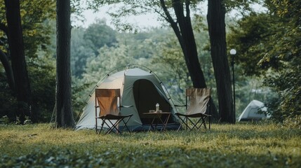 A family-friendly weekend getaway spot featuring a tent and two seats in a park's outside, fresh air atmosphere