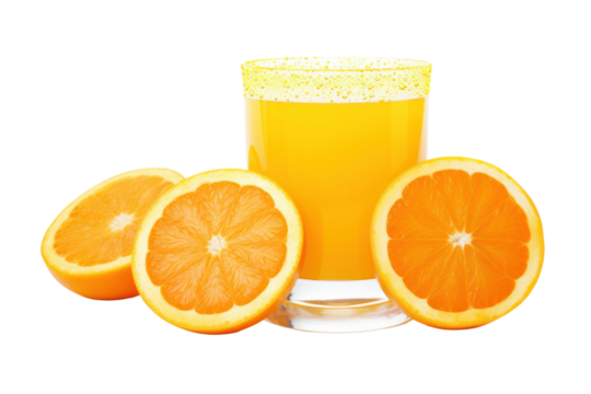 A single glass of chilled orange juice with condensation droplets on the surface, surrounded by whole oranges, isolated on a white background