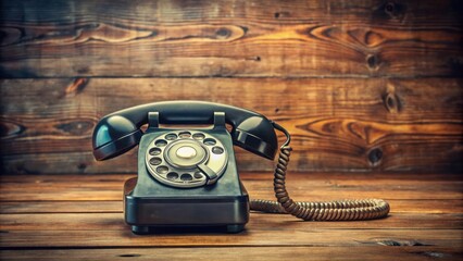A classic rotary dial telephone rests on a worn wooden surface, reminiscent of a bygone era of communication.