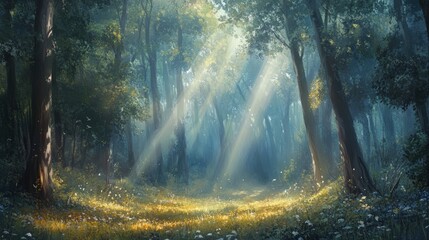 Obraz premium Sunlight beams through a misty forest.
