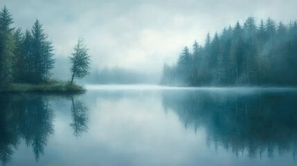 Misty lake with trees reflecting in water.